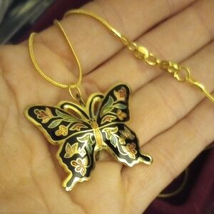 Cloisonne Gold and Black Butterfly Pendant Necklace, 18kGP, EUC